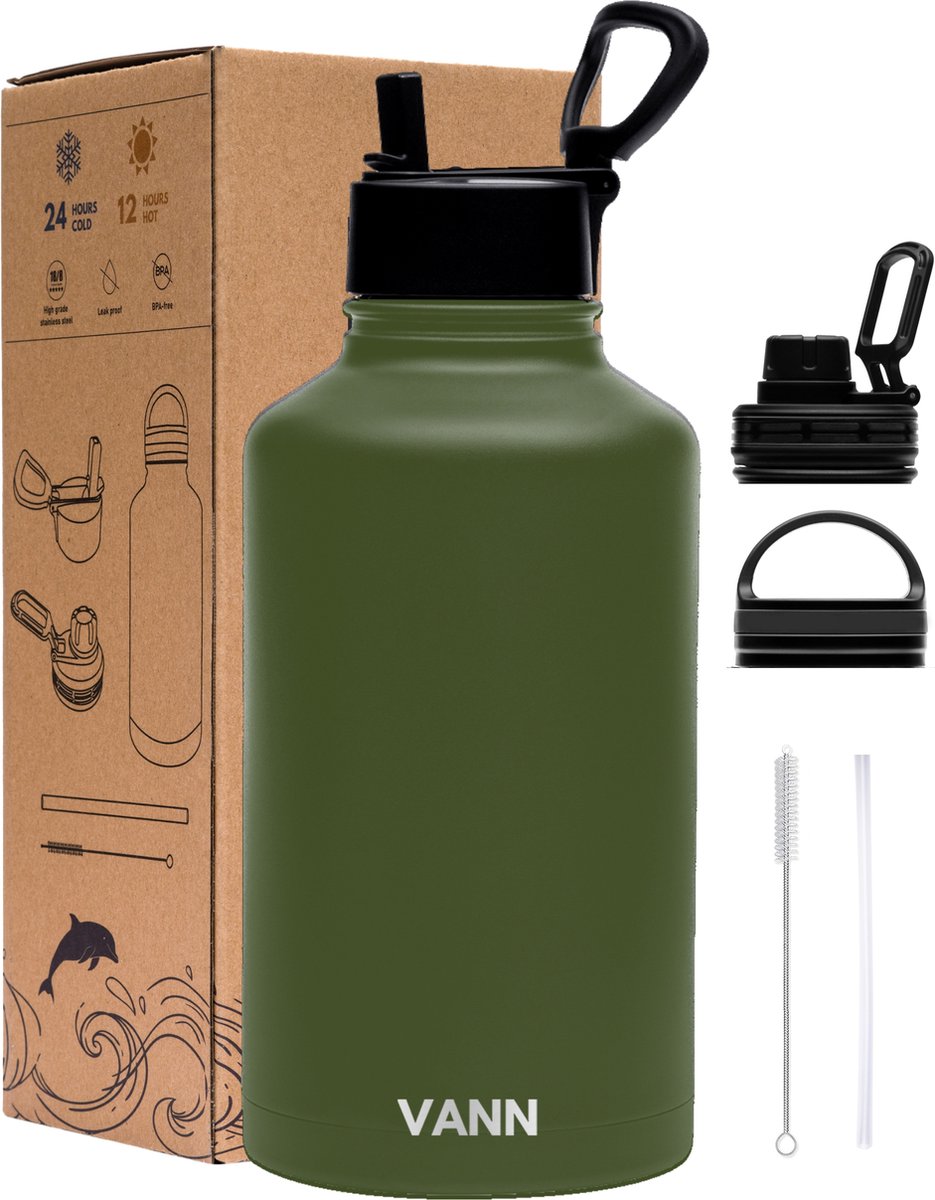 VANN® 3-Wandige waterfles 2 liter met rietje voor volwassenen – Met 5 accessoires + 25 recepten – RVS waterjug 2L – Groen