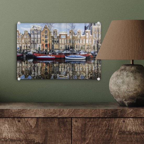 Peinture sur Verre - Une Péniche Rouge dans le Canal d'Amsterdam - 30x20 cm - Peintures sur Verre Peintures - Photo sur Glas