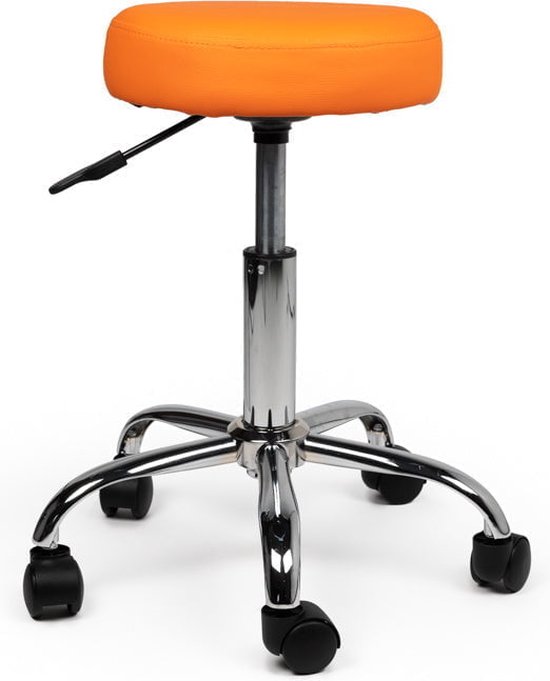Tabouret Oranje Laag - Zithoogte 40/58cm - kruk op wielen - krukje - werkkruk - zadelkruk - bureaukruk - kapperskruk - verstelbaar - draaikruk - tabouret - zadelkruk met rugleuning - tot 160kg