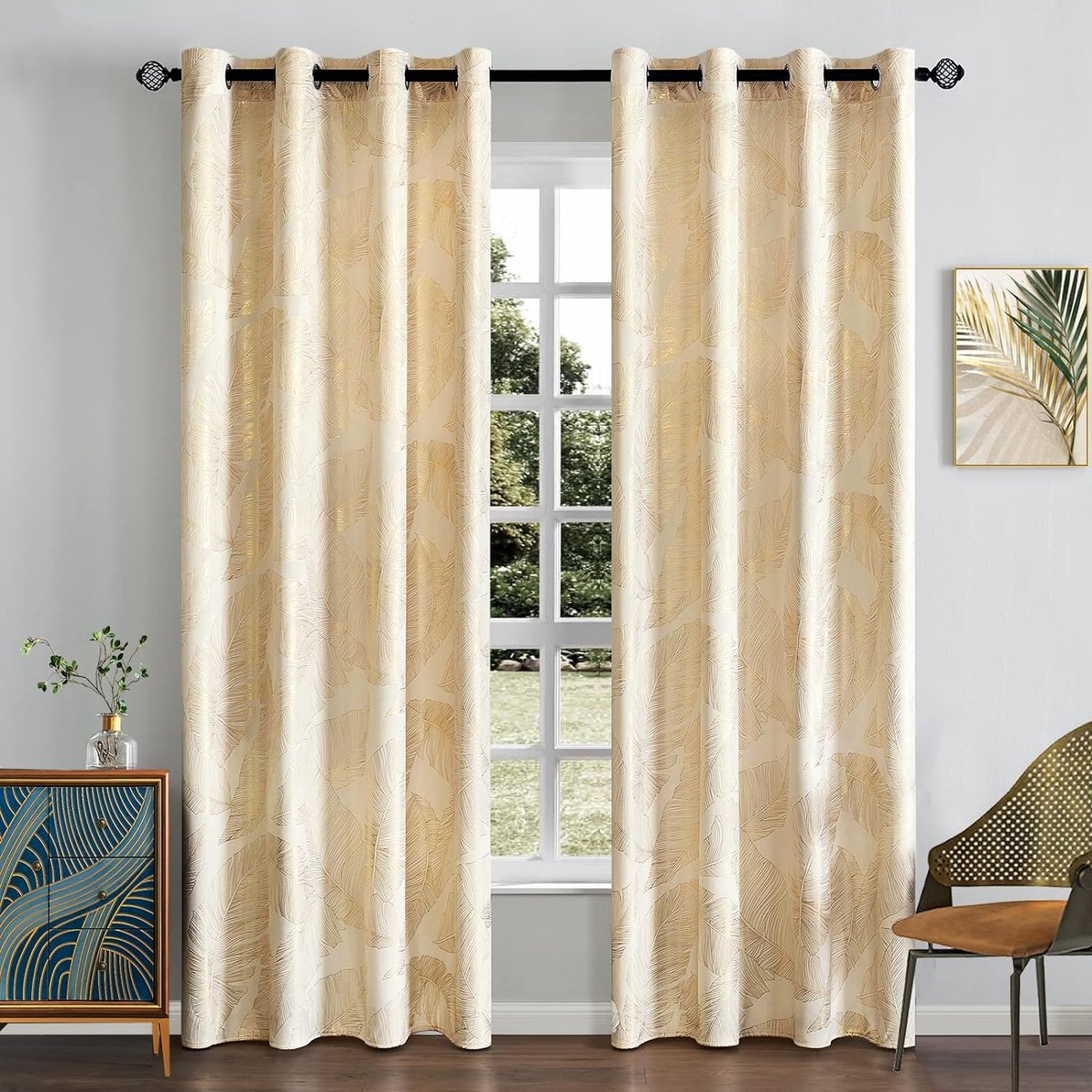 MIULEE Rideaux Velours Noir Feuilles D'Or – Lot De 2 Panneaux Occultants Luxueux 140x145 Cm, Rideaux Thermiques à Œillets Pour Chambre, Salon Ou Bureau