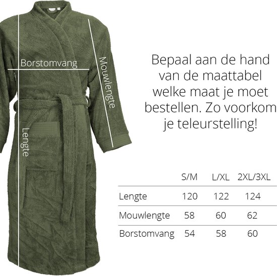Olijfgroene badjas van The One Towelling, met maten voor lengte, mouwlengte en borstomvang.