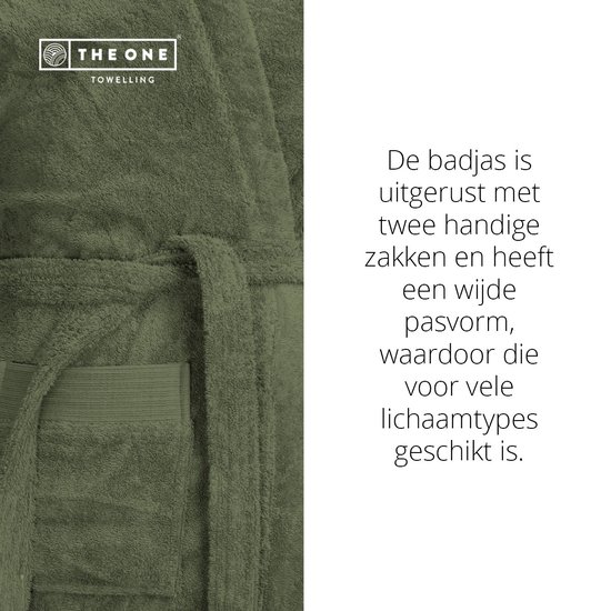 Olijfgroene badjas van The One Towelling, met praktische zakken en riem, close-up van de zak.
