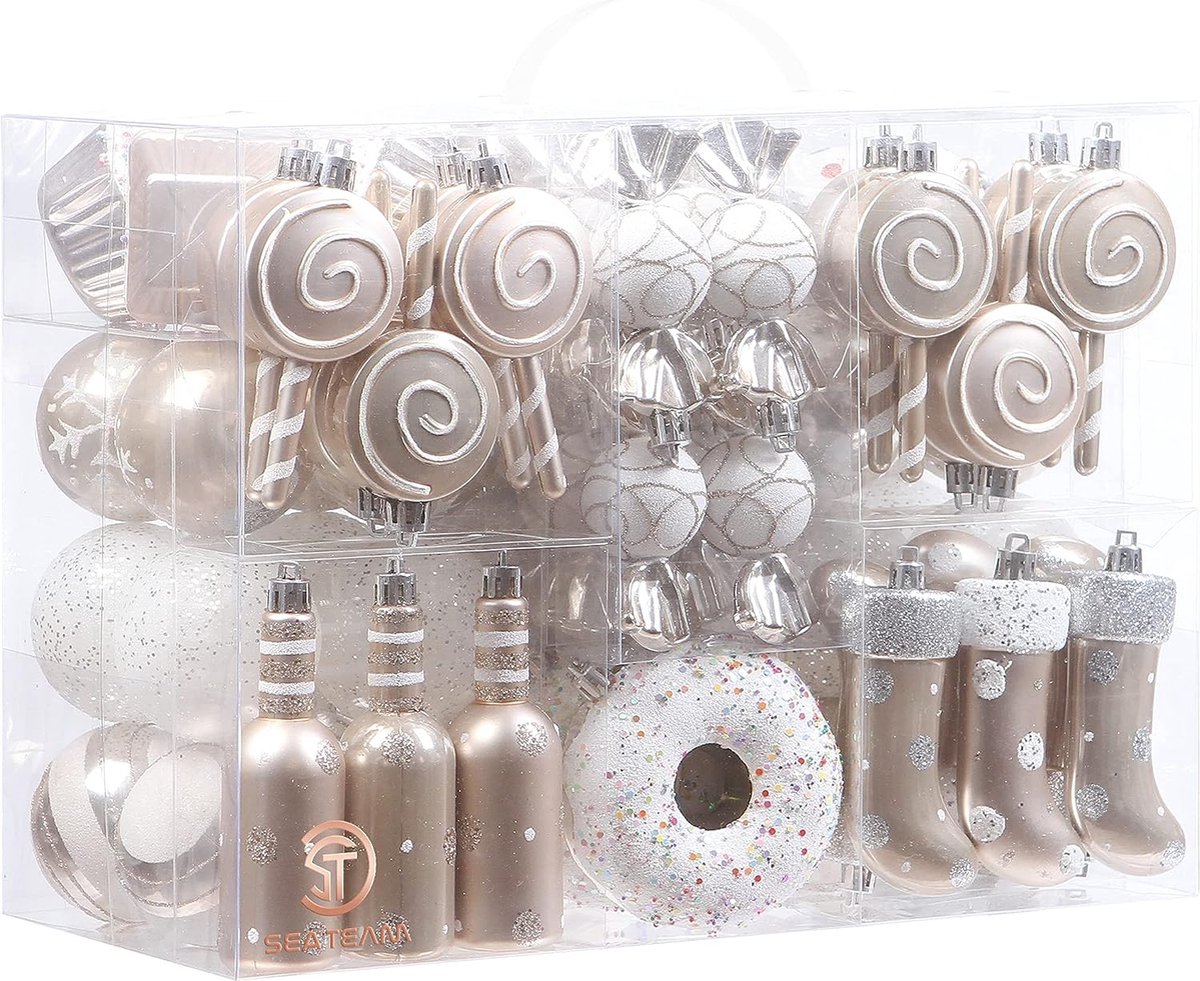 80 kerstballen, samengestelde set met kerstdecoraties, met hangers, herbruikbaar, onbreekbaar, cadeaupakket, voor de kerstboom (champagne)
