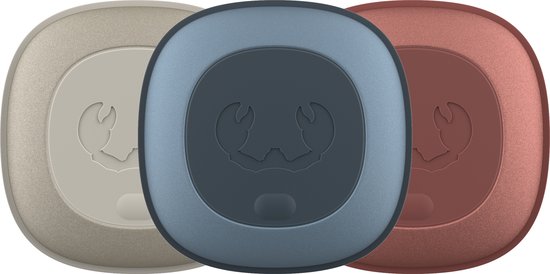 Drie Fresh 'n Rebel Smart Finders met opdruk van een krab, in Silky Sand, Dive Blue en Safari Red.