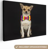 Canvas Schilderij Hond - Strik - Zwart - 90x60 cm - Wanddecoratie