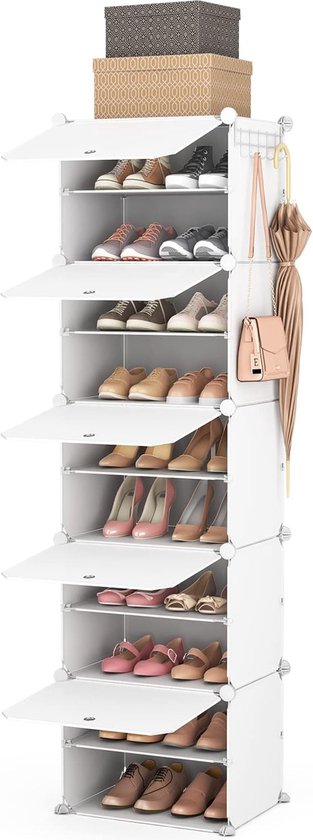 Hoge schoenenrek-organizer, schoenenkast 10 niveaus, 20 paar slanke draagbare schoenenrek-organizer voor kleine ruimtes voor slaapkamerkast met 2 haken (wit, 1 x 10)