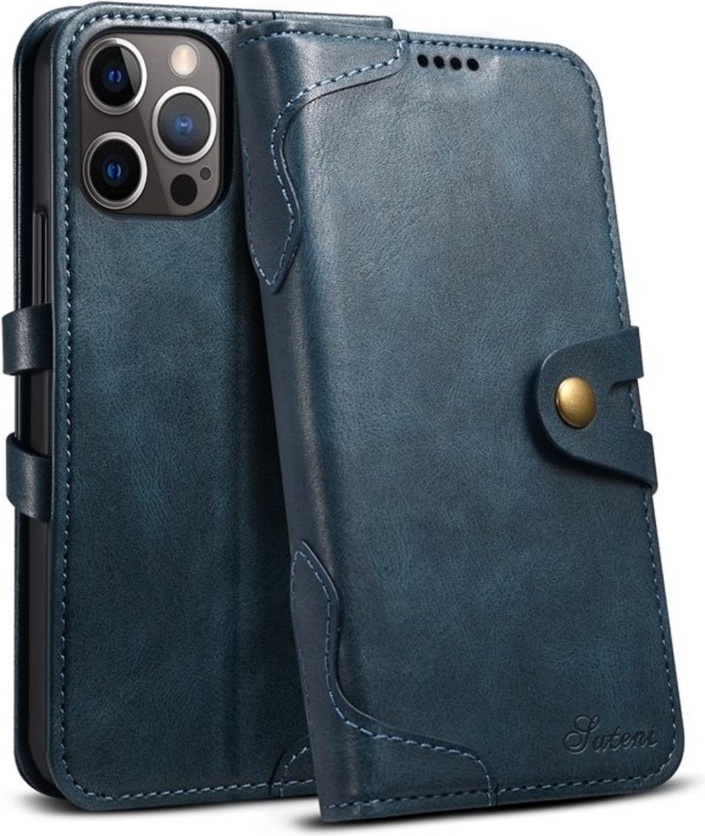 geschikt voor iPhone 15 Pro Wallet met vakjes voor pasjes - Gemaakt van premium kunstleer - geschikt voor iPhone 15 Pro Hoesje met Standaard - Vintage Backcover geschikt voor iPhone 15 Pro Wallet Case blauw