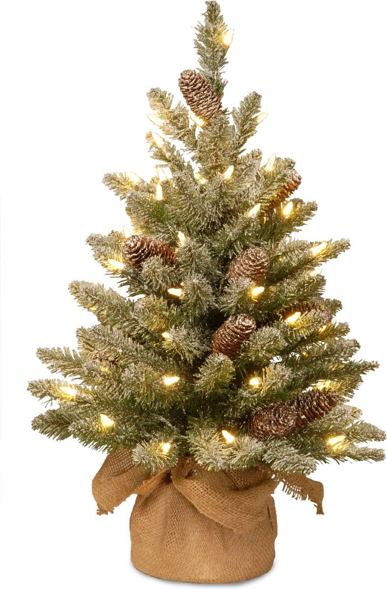 Snowy Concolor Burlap kunstkerstboom - 61 cm - groen - Ø 41 cm - 50 ledlampjes - besneeuwd & dennenappels - jute zak