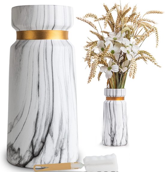 Vaas voor pampasgras van hoogwaardig keramiek [met schoonmaakspons en e-book] als moderne bloemenvaas in wit/goud | Vloervaas Groot in Marmerlook | Vaas Wit