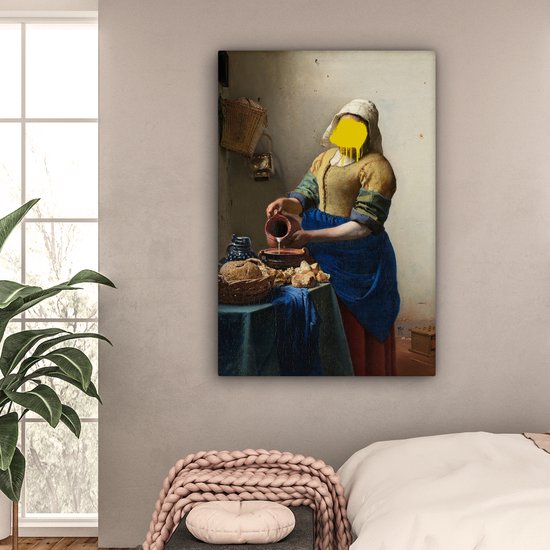 Traité du vieux maître Johannes Vermeer avec une goutte de peinture jaune 90x140 cm - Tirage photo sur toile (Décoration murale salon / chambre)