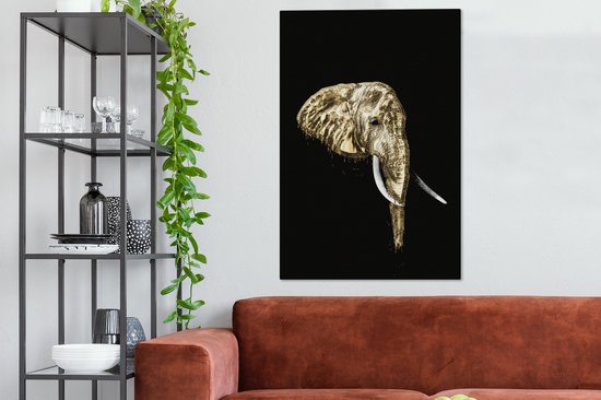 Éléphant Illustration sur fond noir 90x140 cm - impression photo sur toile peinture (Décoration murale salon / chambre à coucher) / Animaux sauvages Peintures Toile