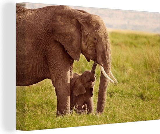 Canvas Schilderij Baby olifant bij zijn moeder in Kenia - 30x20 cm - Wanddecoratie