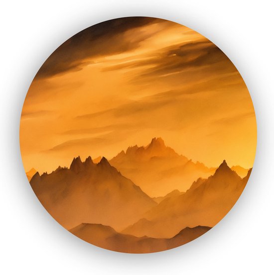 Zonsondergang met bergen - Bergen schilderij - Aquarel - Woonkamer decoratie rond - Ronde schilderij - Schilderijen plexiglas - 75 x 75 cm 5mm