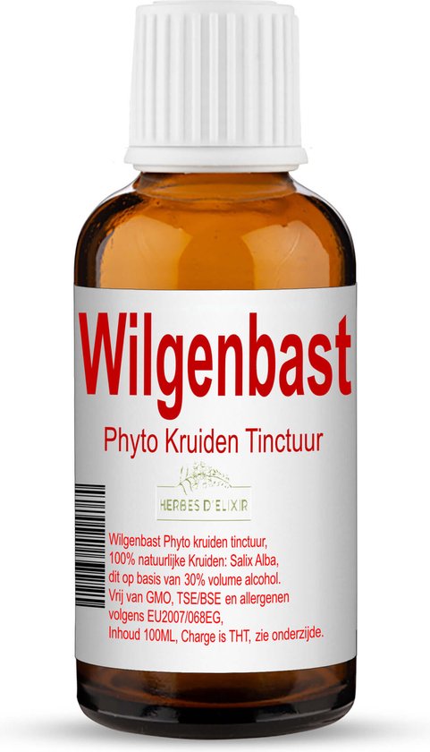 Amberkleurige fles met wit etiket en dop. Etiket met 'Wilgenbast Phyto Kruiden Tinctuur' en 'HERBES D'ELIXIR'.