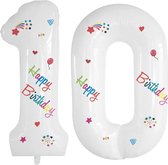 Folie Ballonnen Cijfers 10 Jaar Happy Birthday Verjaardag Versiering Cijferballon Folieballon Cijfer Ballonnen Wit 70 Cm