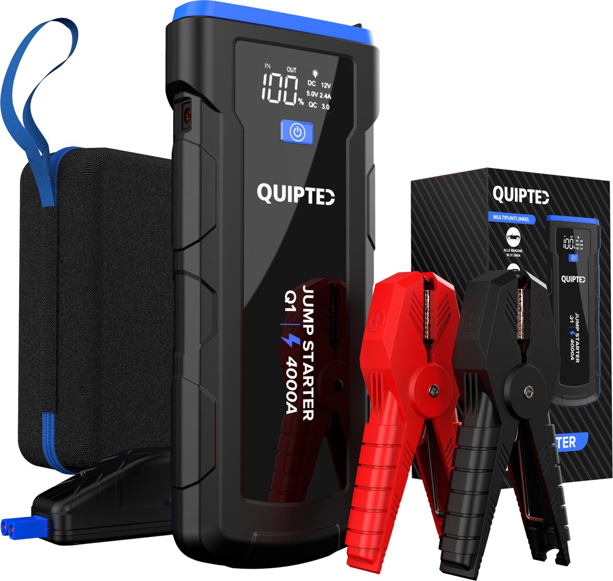 Quipted Jumpstarter voor auto - 4000A - 12V Starthulp - 24000mAh - 7-in-1 - Incl Powerbank, zaklamp & SOS-noodlicht - Quipted