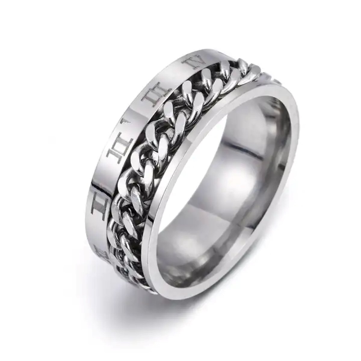 Walletstreet Anxiety Rome Chainring- Fidget Ring- edelstaal- rvs-kleur- Zilver met Zilver draaibare schakelmotief-voor mannen en vrouwen-Kerstcadeau-Ideale geschenk