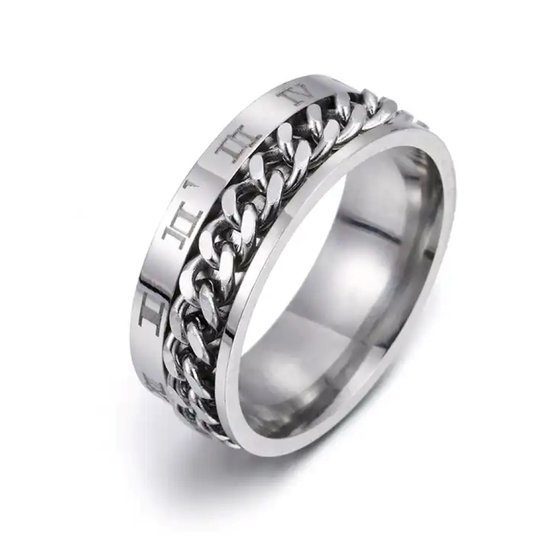 Zilveren ring met draaibare schakels en Romeinse cijfers IV, V, VI, VII, VIII, IX.