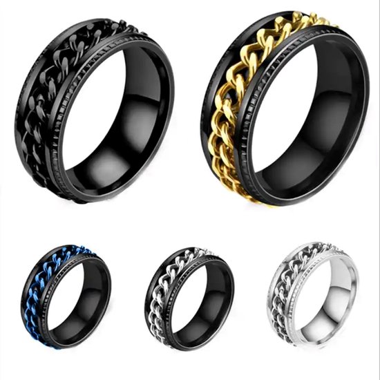 Vijf ringen met draaibare schakelkettingen in zwart, goud, blauw en zilverkleur.