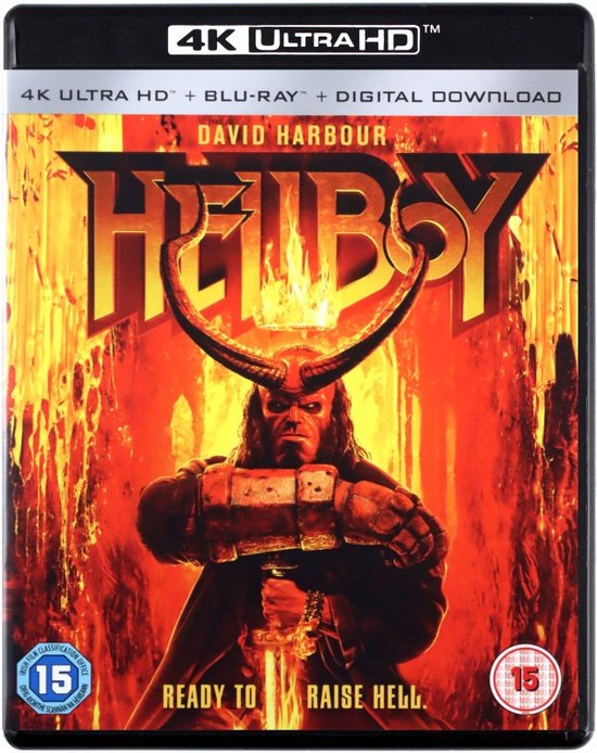 De voorkant van de Hellboy 4K Ultra HD Blu-ray met David Harbour als Hellboy, met zijn kenmerkende hoorns en hamer.