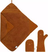 Nifty - Baby Shower Glove met 2-in-1 Badcape en Washandje - Baby Washandje - Lange washand - Badcape 100x100 - Washandje Baby - Biologisch Katoen – Karamel