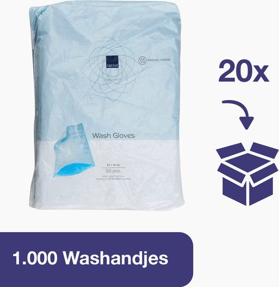 ABENA Molton Wegwerp Washandjes met PE – 1.000 washandjes - Voordeelverpakking 20 x 50 stuks – Van Kwalitatief Zacht, Dun en Sterk Materiaal – Hygiënisch – Met Plastic Binnenzijde - Voor Eenmalig Gebruik – Royale Handinsteek – Perfect voor Onderweg