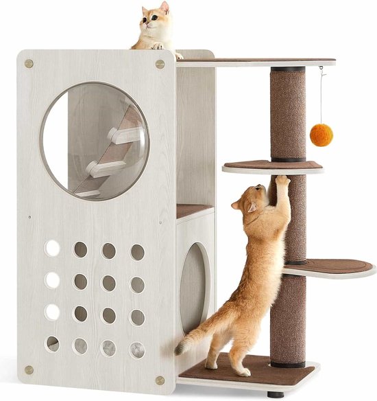 Krabton: Kattentoren Met Speelgoed - Kattenboom Voor Binnenkatten Gezellig Kattenhuis Met Gewatteerde Pluche Baars En Hangmat Sisal Krabpalen Rookgrijs
