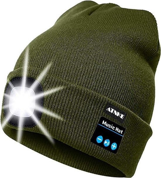 Muts met LED verlichting - Bluetooth muziek functie - Beanie Mos Groen - USB-oplaadbaar - 4 helder licht LED lampen - 3 standen - One-size - Unisex - Wasbaar