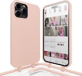 xoxo Wildhearts silicone case met koord - Telefoonhoesje met koord - Backcover hoesje met telefoonkoord - Lovely Pink Cord Case - geschikt voor Apple iPhone 15 Pro - roze