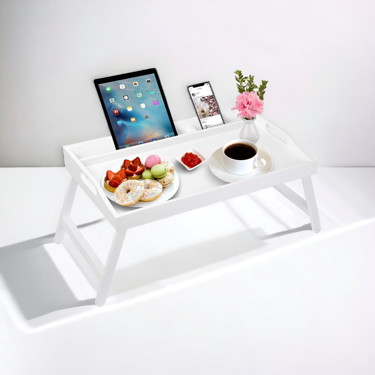 Bamboe Ontbijt Bed Dienblad Tafel met Handvatten en Opvouwbare Benen