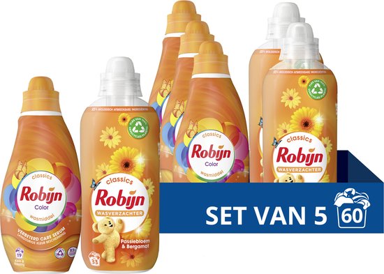 Foto: Robijn perfect match wasmiddel en wasverzachter pakket color passiebloem bergamot voor langdurige kleurbescherming voordeelverpakking set van 5 60 wasbeurten 