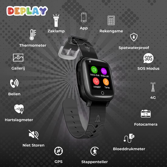 DEPLAY 4G KidsWatch - Smartwatch Kinderen - GPS Tracker - Smartwatch Kind - Hartslag en Bloeddrukmeter - Videobellen - Camera - GPS Horloge Kind - Kinder Smartwatch - Incl. simkaart en E-Book - Zwart - DEPLAY