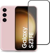 Geschikt voor Samsung Galaxy S23 FE - Hoesje + Screenprotector – Full Cover Gehard Glas – Suède Back Cover Case Rose