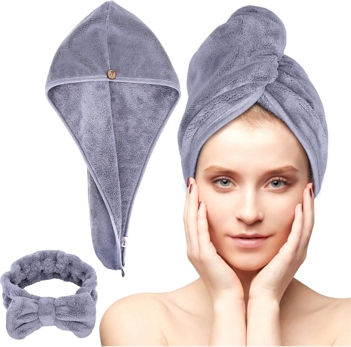 Haartulband, 2 stuks, tulbandhanddoek met knoop, sneldrogende haarhanddoek voor vrouwen, microvezel handdoek voor hoofd en lang haar (grijs, 1 bandana's + 1 hoofdband)