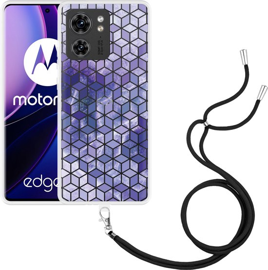 Foto: Cazy hoesje met koord geschikt voor motorola edge 40 paars hexagon marmer