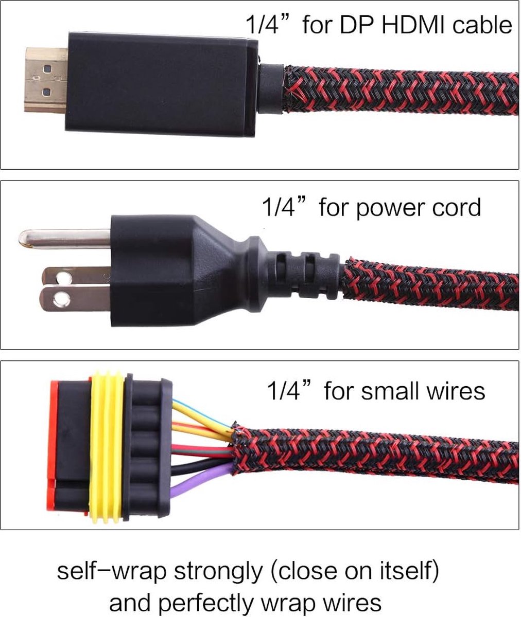 6 mm - 3,1 m kabelmantel, zelfsluitende kabelmantel, kabelopslag, kabelbeheer, voor computer, auto-industrie, zwart/rood