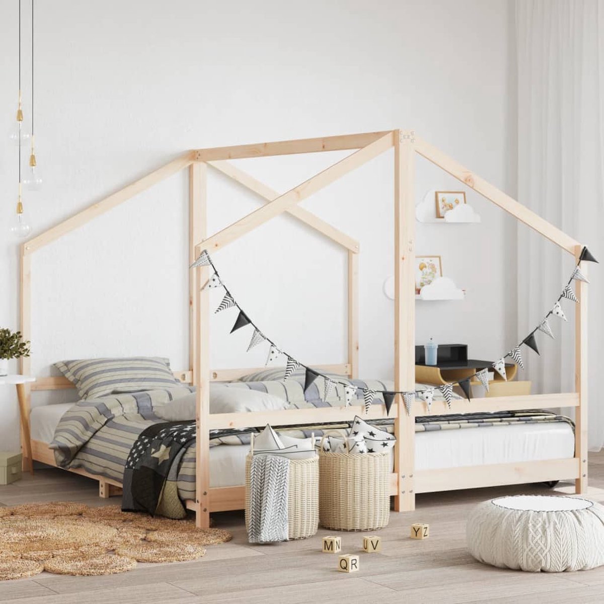 vidaXL Kinderbedframe - 2x(90x190) - cm - massief - grenenhout naturel