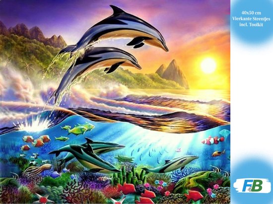 F4B Dolfijnen Diamond Painting 40x50cm | Vierkante Steentjes | Dolfijn | Dieren | Zee | Vissen | Zonsondergang | Diamond Painting Pakket Volwassenen | Kinderen | Volledig Dekkend