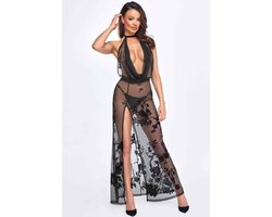 Noir Handmade - Divinity long flocked mesh dress with open back - Maat M | Erotische Jurk | Sexy Lingerie | Lingerie | Erotic Dress | Fetish | Bondage | BDSM Accessories