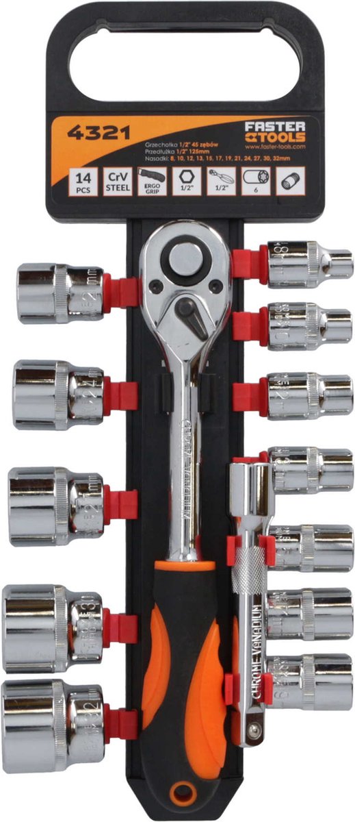 14-delige dopsleutelset 1/2" - FASTER TOOLS , 8 mm - 32 mm
