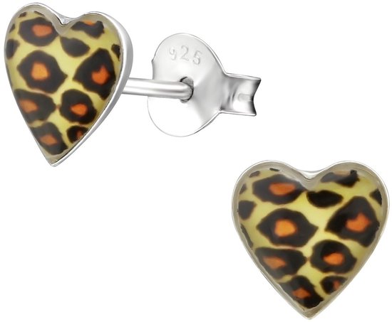Joy|S - Zilveren hartje oorbellen - luipaard panter print - 7 x 6 mm - oorknoppen