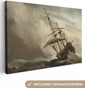 Canvas Schilderij Een schip in volle zee bij vliegende storm - Schilderij van Willem van de Velde - 30x20 cm - Wanddecoratie