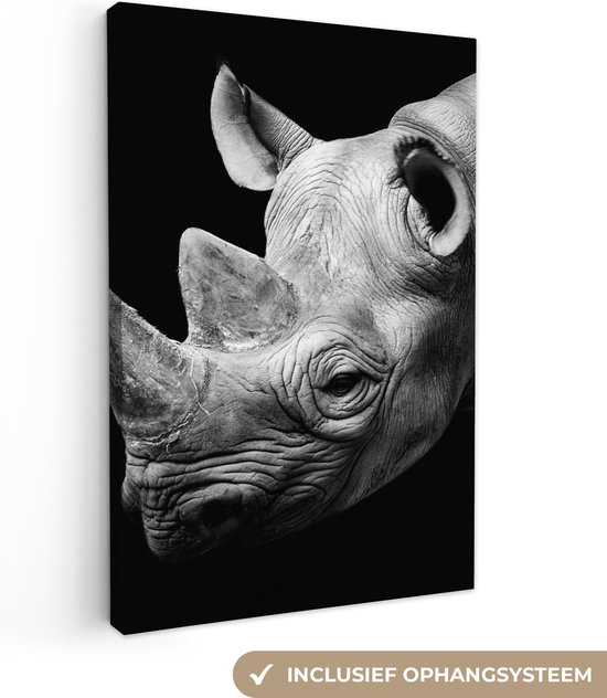 Toile - Animaux - Rhinocéros - Zwart - Wit - Salon - Impression sur Toile - 120x180 cm - Peintures sur Toile - Décoration murale