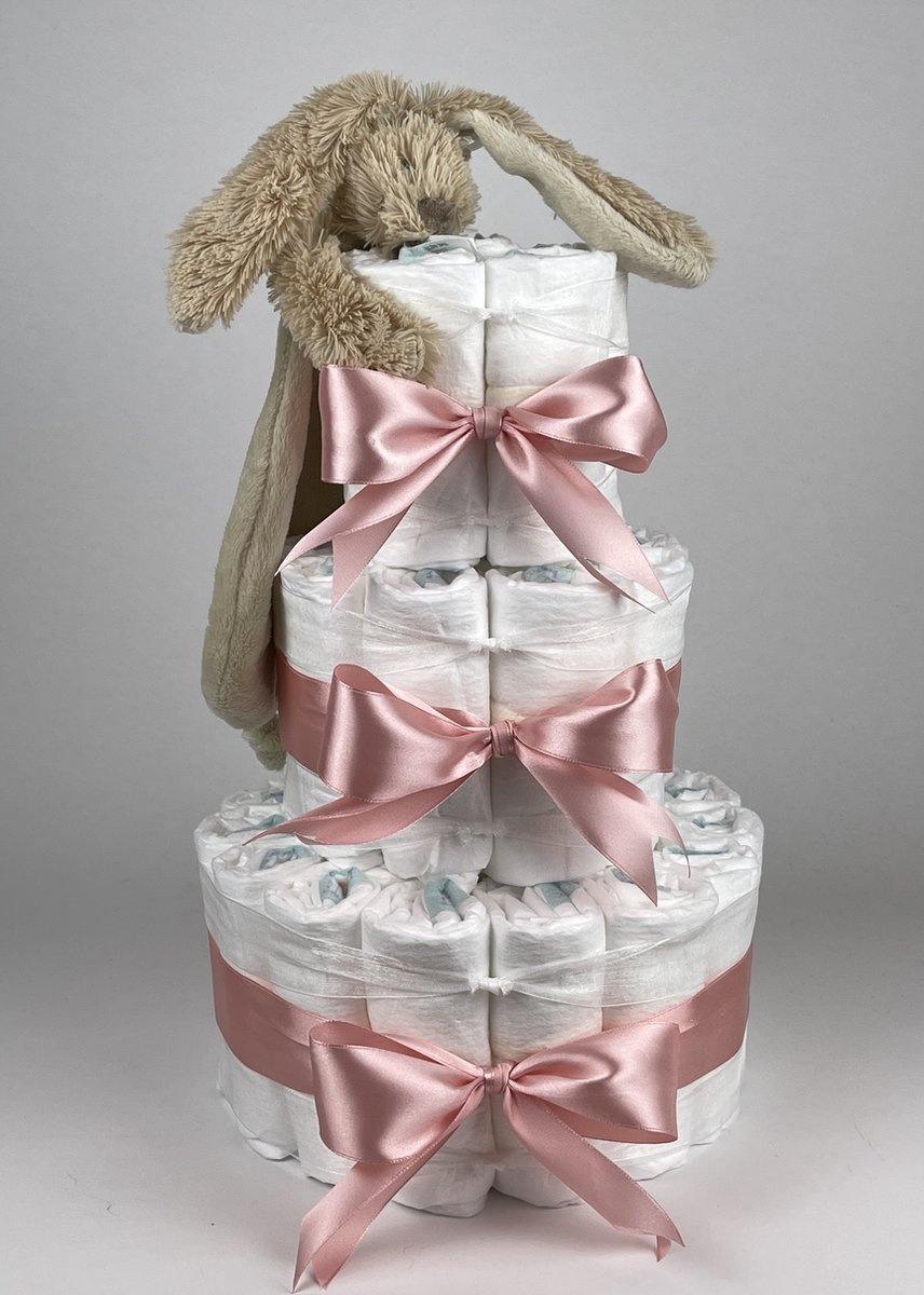 Chouette-Chouette | Luiertaart Meisje | Kraamcadeau | Geboorte Meisje | Babyshower | Tuttle Konijn Richie Beige - donker Poeder Roze