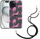 Cazy Hoesje met koord geschikt voor iPhone 15 Roze Cheeta's