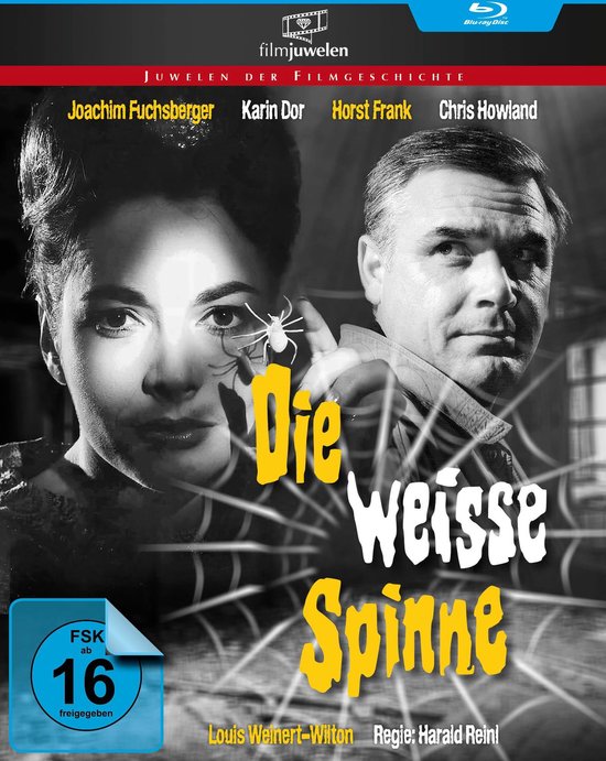 Blu-ray hoes met Joachim Fuchsberger en Karin Dor. Dor's hand wordt aangeraakt door een spin, met de titel 'Die Weisse Spinne'.