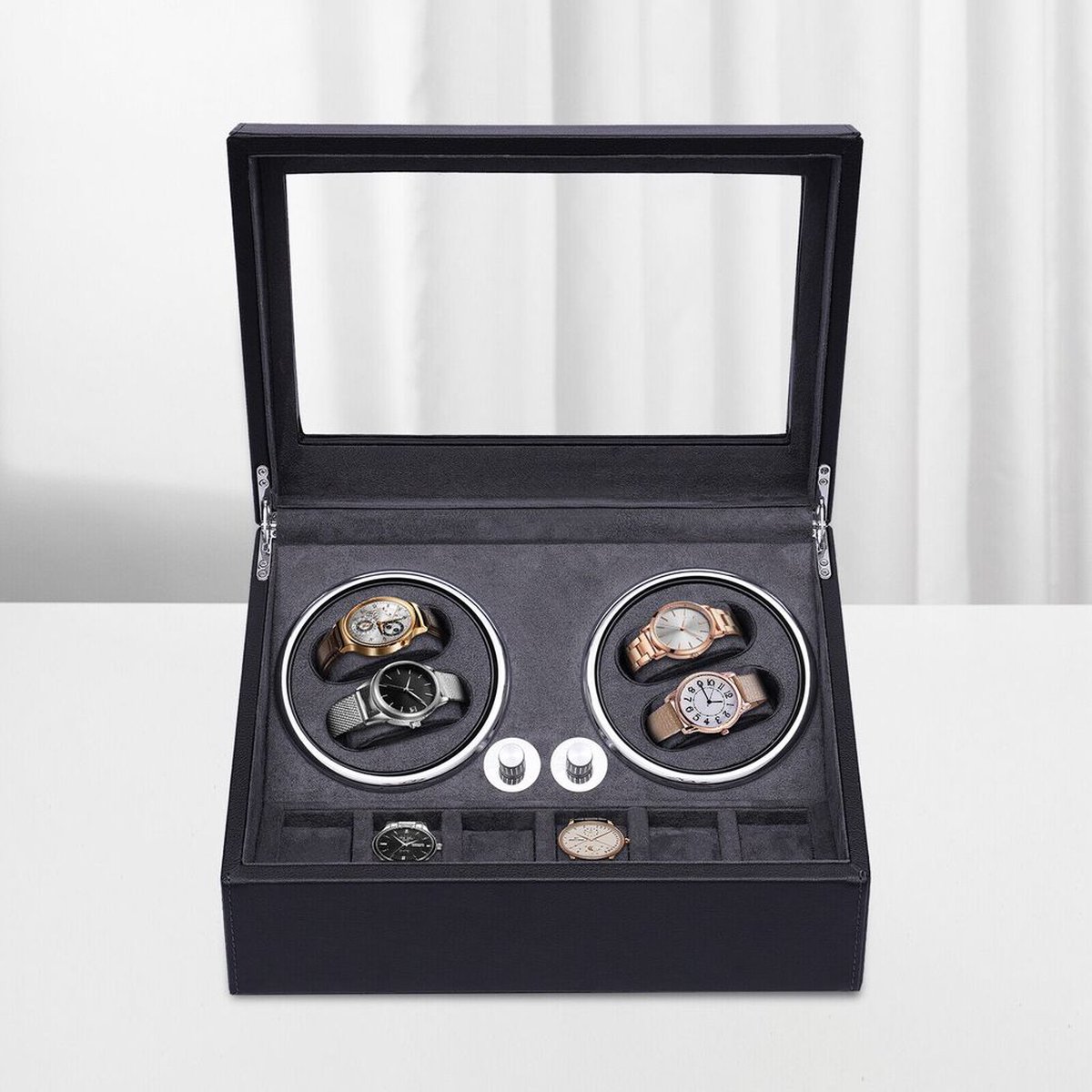 Olvy Luxe Watchwinder 4+6 - Voor 10 Horloges - Met LED Verlichting - Horloge Opwinder - Horlogebox - Zwart