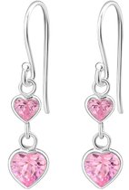 Joy|S - Zilveren hartje oorbellen - roze zirkonia - 2 hartjes oorhangers
