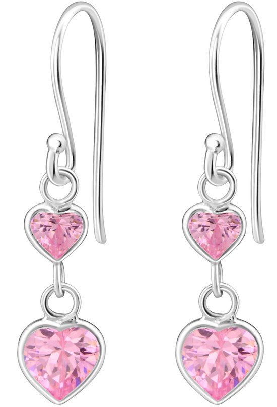Joy|S - Zilveren hartje oorbellen - roze zirkonia - 2 hartjes oorhangers