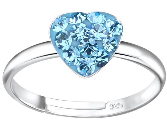 Joy|S - Zilveren hartje ring - Aqua blauw kristal - verstelbaar voor kinderen